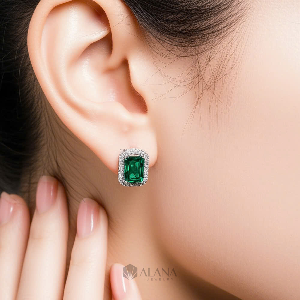 Bông Tai Chữ Nhật Xanh Lá Đính Đá Cz - EWS070013 - Ảnh 2